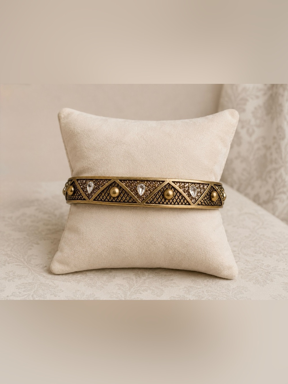 Vintage Gold Tone Rhinestone Hinged Bangle Bracelet | Antique Bronze Finish